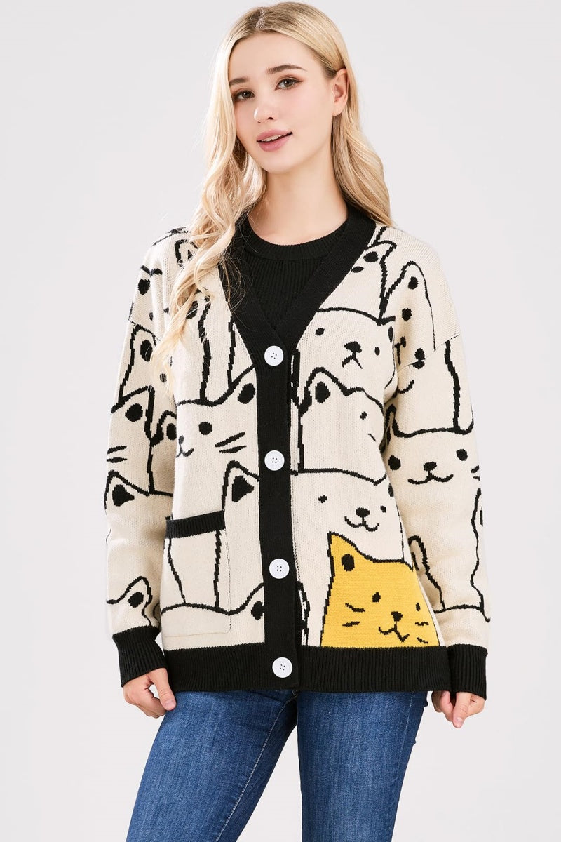 Chouyatou Women's Kawaii Cartoon Cat Cardigan Japanese Aesthetic Button Down Jacquard Knit Sweater Coat