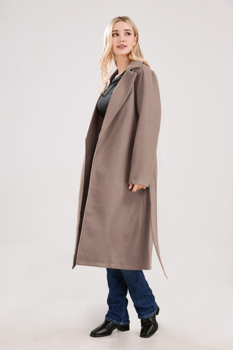 Chouyatou Womens Long Wool Pea Coats Notched Collar Open Front Woolen Blend Trench Coat with Belt