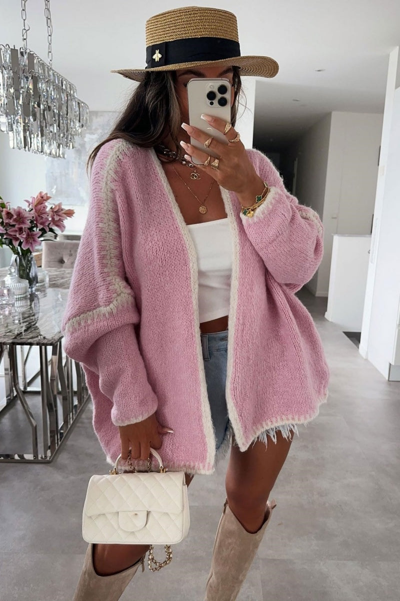 Chouyatou Women Fall Open Front Color Block Cardigan Sweater Casual Striped Chunky Knit Oversized Cardigan