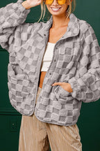 Chouyatou Women Winter Casual Checkered Fleece Jacket Fuzzy Oversized Sherpa Jacket Shacket Faux Fur Coat