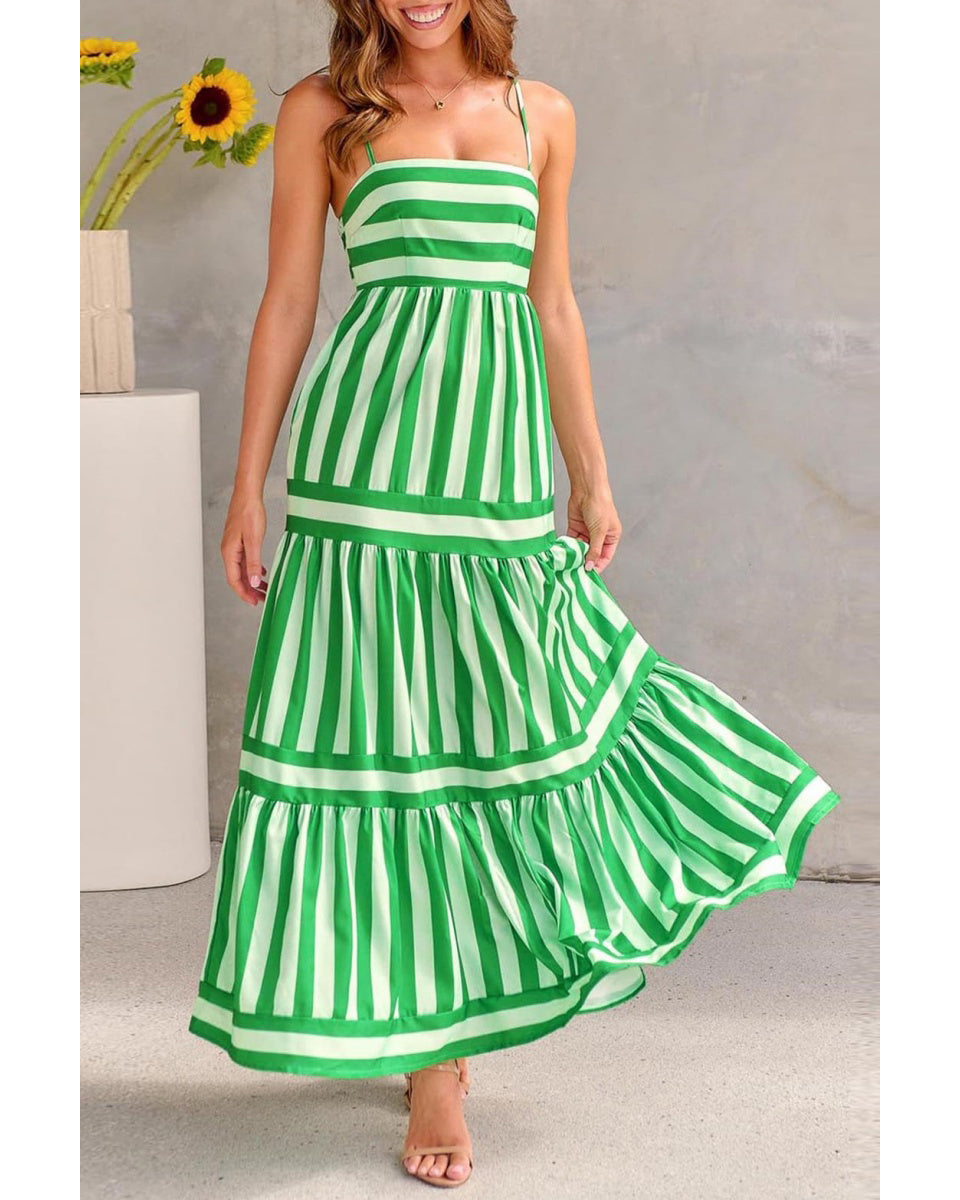 Chouyatou Women Spaghetti Strap Back Smocked Maxi Striped Dress Summer Casual Floral Flowy Beach Sun Dress