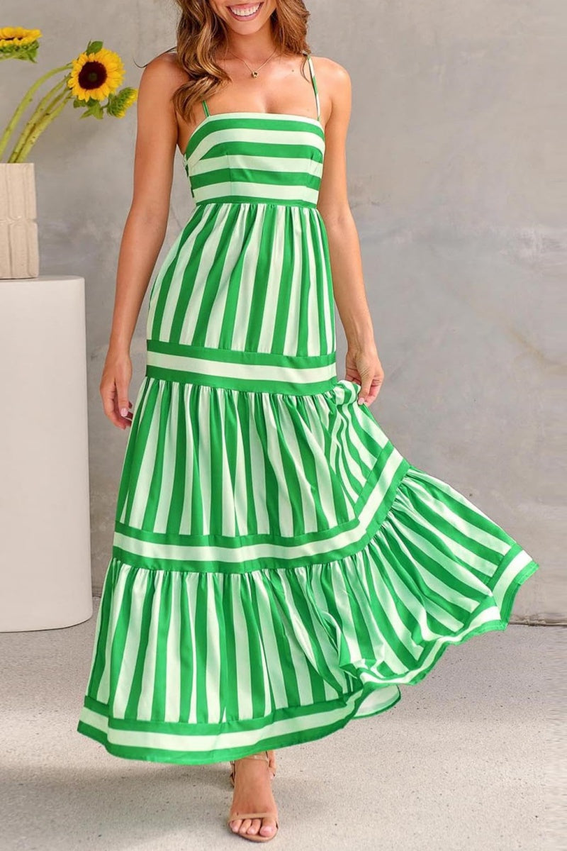 Chouyatou Women Spaghetti Strap Back Smocked Maxi Striped Dress Summer Casual Floral Flowy Beach Sun Dress