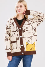 Chouyatou Women's Kawaii Cartoon Cat Cardigan Japanese Aesthetic Button Down Jacquard Knit Sweater Coat
