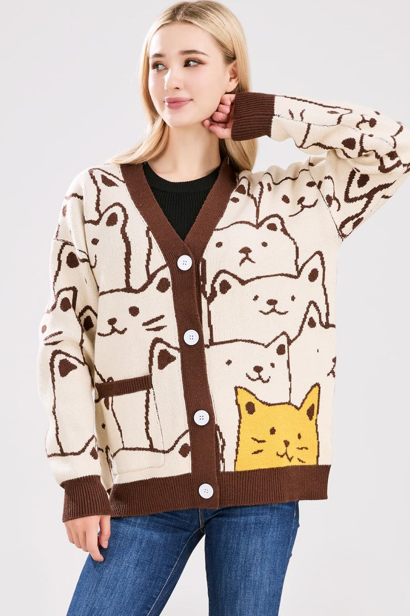 Chouyatou Women's Kawaii Cartoon Cat Cardigan Japanese Aesthetic Button Down Jacquard Knit Sweater Coat