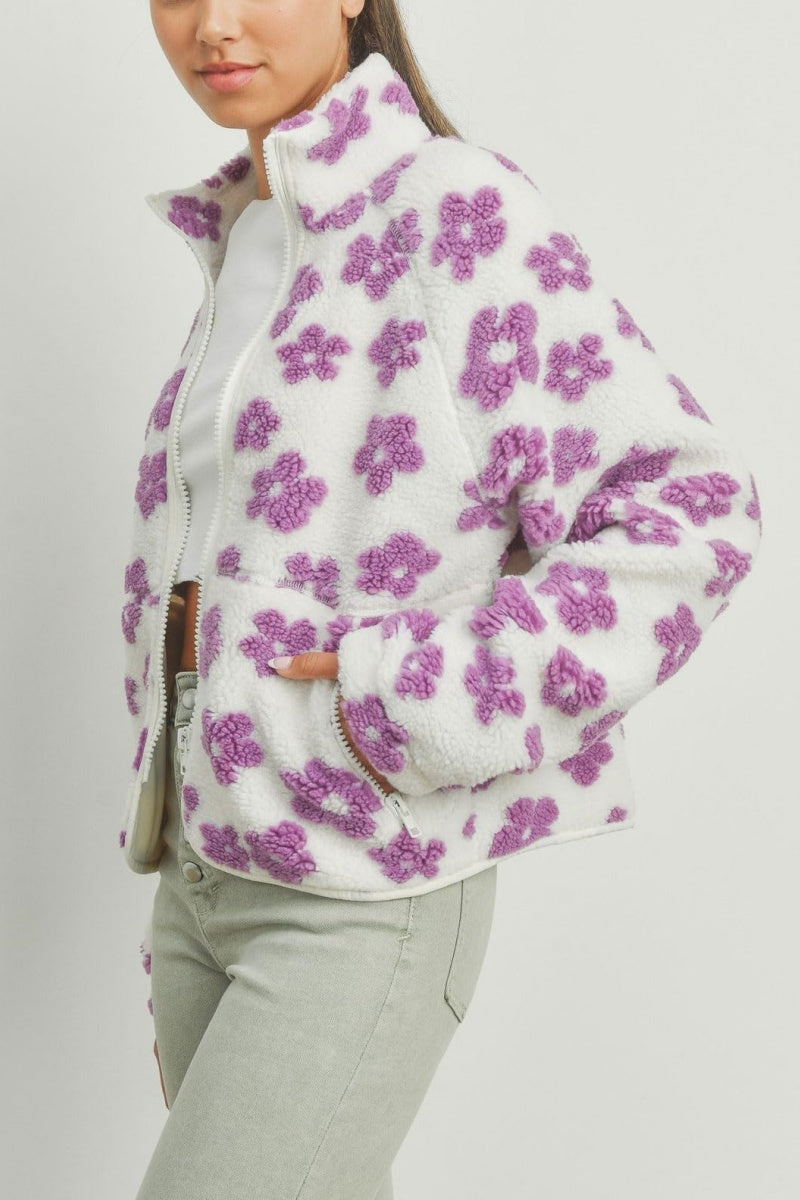 Chouyatou Women's Fall Winter Casual Cute Floral Fleece Jacket Fuzzy Zip Up Sherpa Jacket Faux Fur Coat