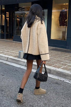 Chouyatou Women's Winter Casual Embroidered Sherpa Jacket Notch Lapel Fuzzy Faux Fur Fleece Jacket Coat