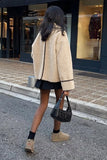 Chouyatou Women's Winter Casual Embroidered Sherpa Jacket Notch Lapel Fuzzy Faux Fur Fleece Jacket Coat