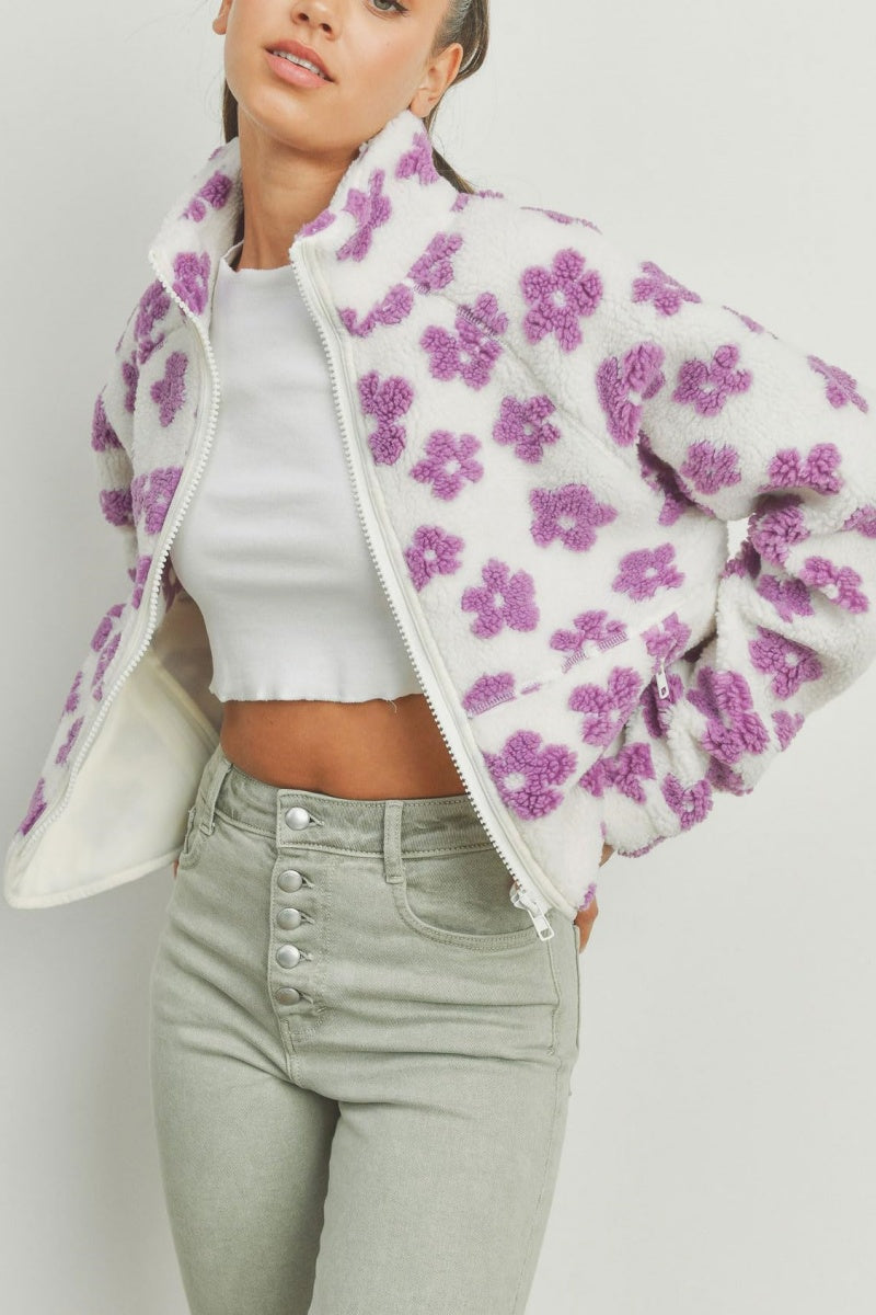 Chouyatou Women's Fall Winter Casual Cute Floral Fleece Jacket Fuzzy Zip Up Sherpa Jacket Faux Fur Coat