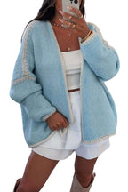 Chouyatou Women Fall Open Front Color Block Cardigan Sweater Casual Striped Chunky Knit Oversized Cardigan