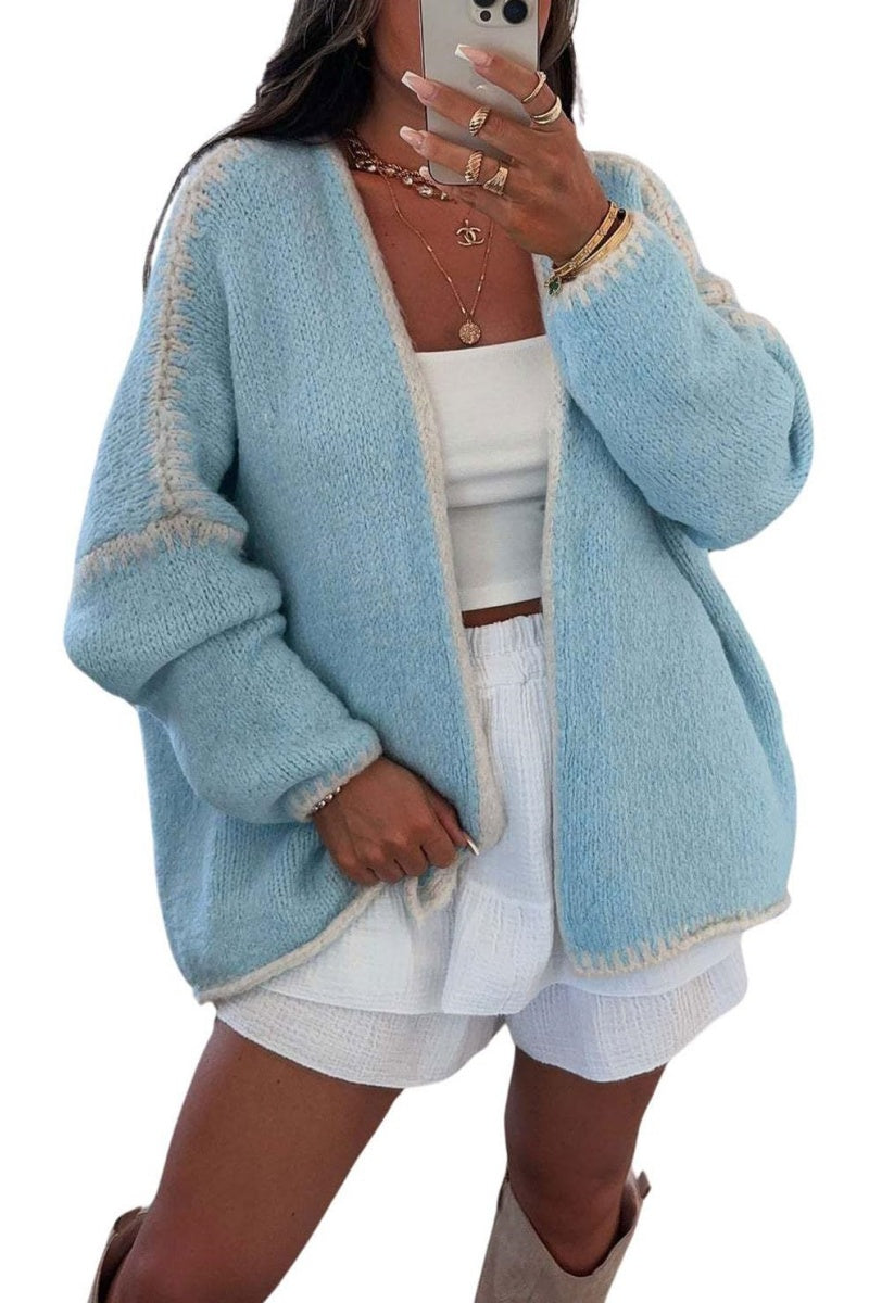 Chouyatou Women Fall Open Front Color Block Cardigan Sweater Casual Striped Chunky Knit Oversized Cardigan