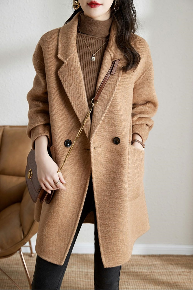 Chouyatou Women's Notch Lapel Herringbone Wool Coat Formal Office Work Double Breasted Winter Pea Coat