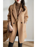 Chouyatou Women's Notch Lapel Herringbone Wool Coat Formal Office Work Double Breasted Winter Pea Coat
