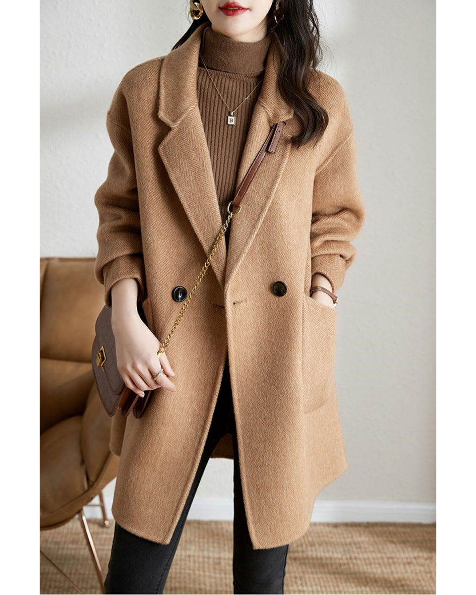 Chouyatou Women's Notch Lapel Herringbone Wool Coat Formal Office Work Double Breasted Winter Pea Coat