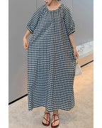 Chouyatou Women's Casual Gingham Loose-Fit Swing Dress Cotton Linen Lantern Puff Sleeve Plaid Maxi Dress