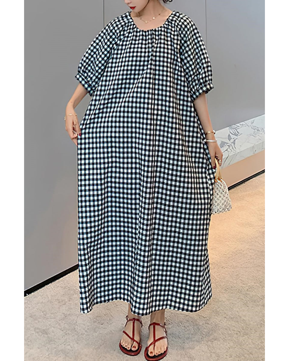 Chouyatou Women's Casual Gingham Loose-Fit Swing Dress Cotton Linen Lantern Puff Sleeve Plaid Maxi Dress