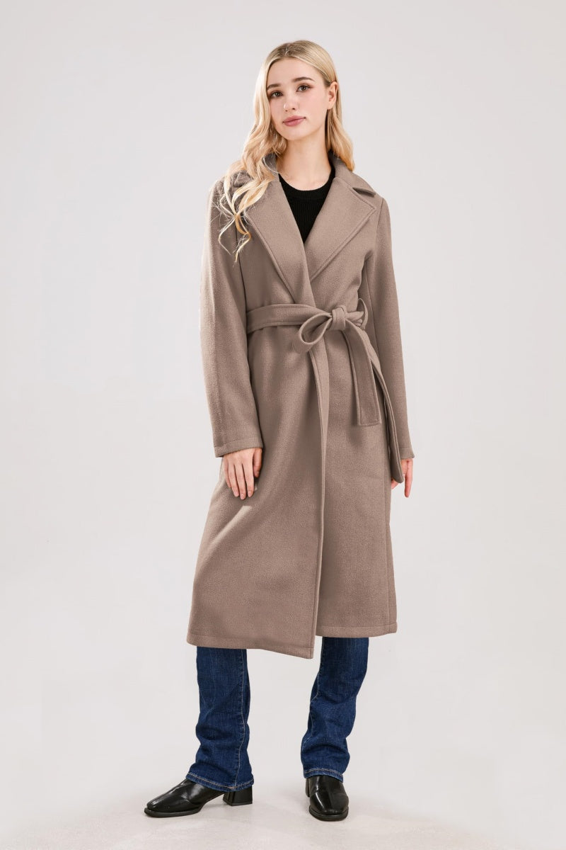 Chouyatou Womens Long Wool Pea Coats Notched Collar Open Front Woolen Blend Trench Coat with Belt