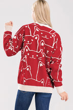 Chouyatou Women's Kawaii Cartoon Cat Cardigan Japanese Aesthetic Button Down Jacquard Knit Sweater Coat