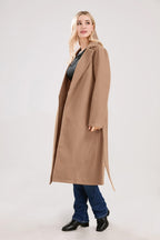 Chouyatou Womens Long Wool Pea Coats Notched Collar Open Front Woolen Blend Trench Coat with Belt
