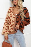 Chouyatou Women's Color Block Leopard Print Button Down Long Sleeve Cardigan Sweaters