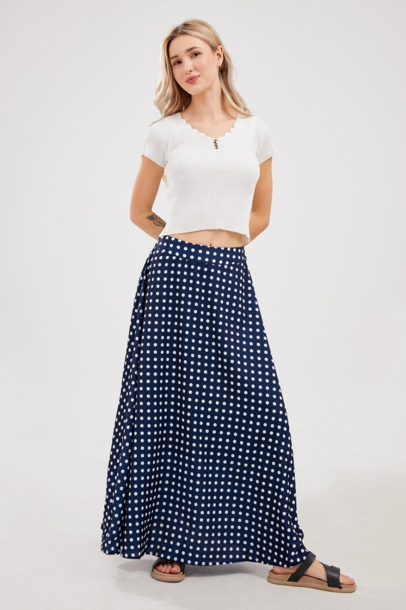 Chouyatou Women's Elegant High Waisted Polka Dot A Line Pleated Swing Bohemian Maxi Skirt