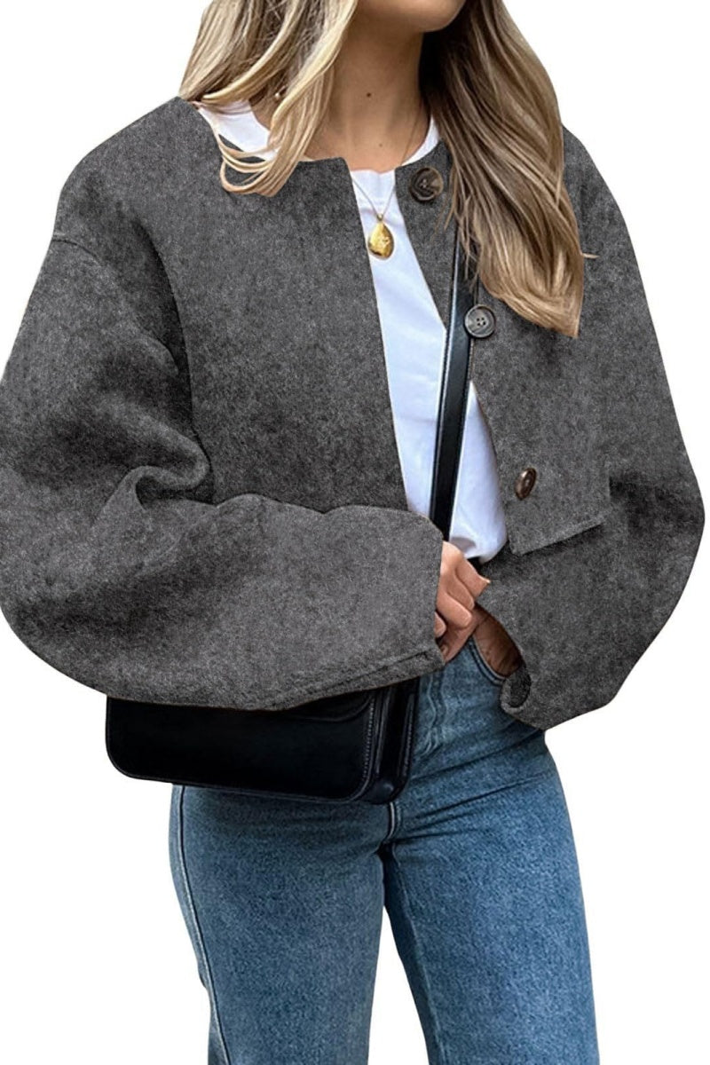Chouyatou Women Cropped Wool Blend Pea Coat Short Jacket Peacoat Long Sleeve Button Down Crop Jacket