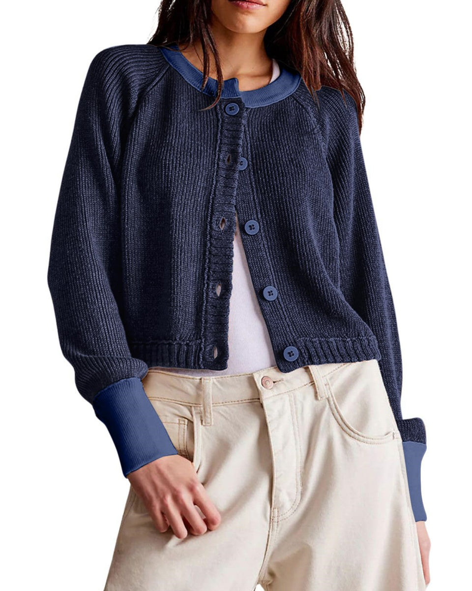Chouyatou Women Knitted Button Down Cropped Cardigan Jacket Sweater Y2k Fall Knit Color Block Sweater Crewneck Crop Short Coat