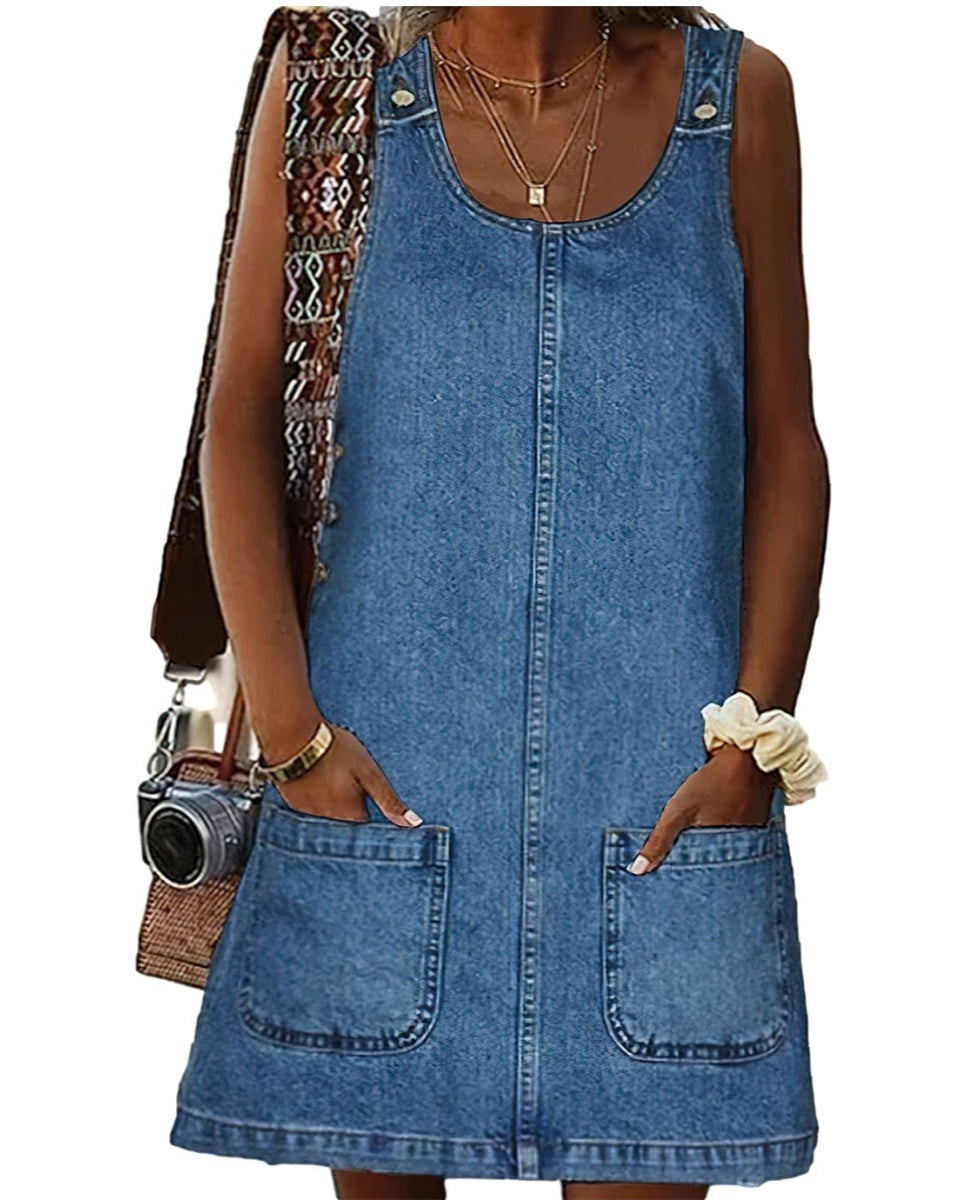 Chouyatou Women's Vintage Distressed Sleeveless Baggy Loose Denim Mini Dress with Pocket
