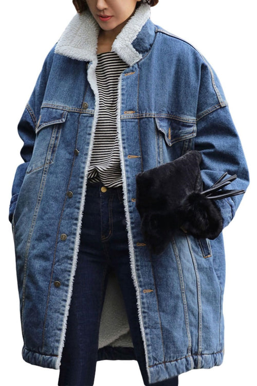 Chouyatou Women Long Sherpa Fleece Lined Jeans Jacket Denim Trench Coat Thicken Button Down Patchwork Trucker Coat