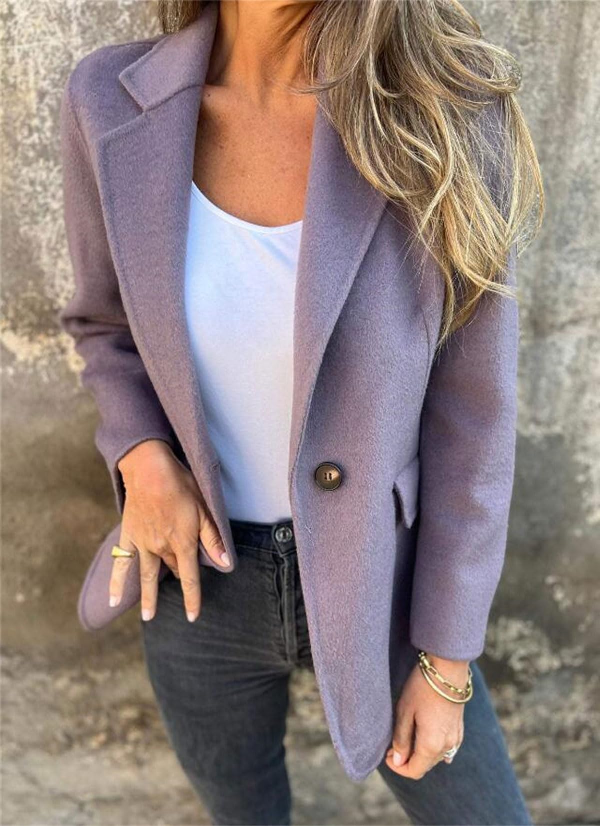 Chouyatou Women Solid Color Blazer Wool Blend Causal Business Office Open Front Short Jacket Pea Coat