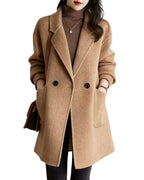 Chouyatou Women's Notch Lapel Herringbone Wool Coat Formal Office Work Double Breasted Winter Pea Coat