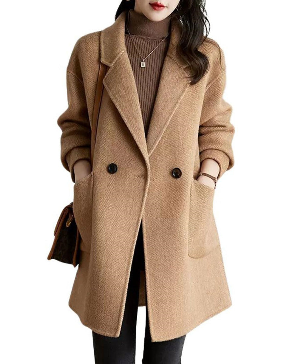 Chouyatou Women's Notch Lapel Herringbone Wool Coat Formal Office Work Double Breasted Winter Pea Coat