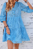 Chouyatou Women's 2025 Eyelet Lace Midi Dress V Neck Puff 3/4 Sleeve Button Tiered Sexy A Line Sun Dress