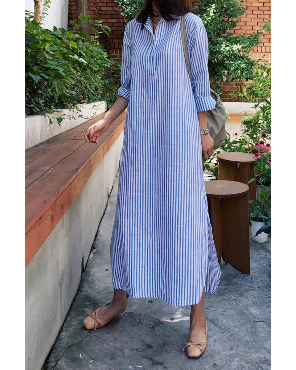 Chouyatou Women Casual Long Sleeve V Neck Striped Shift Dress Loose Long Maxi Cotton Shirt Dress with Pocket