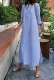 Chouyatou Women Casual Long Sleeve V Neck Striped Shift Dress Loose Long Maxi Cotton Shirt Dress with Pocket