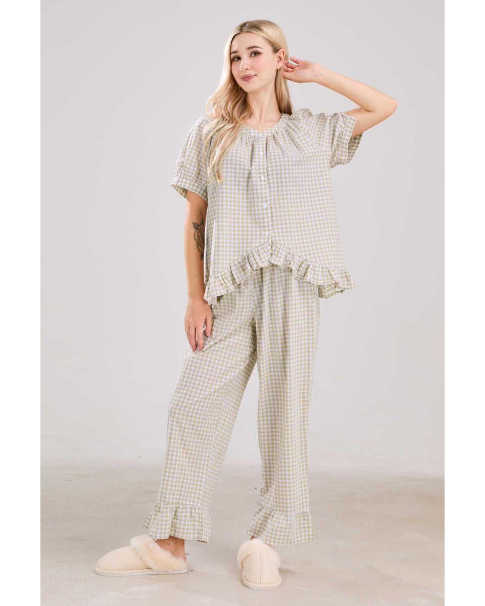 Chouyatou Womens Gingham Pajama Set 2 Piece Short Sleeve Babydoll Shirt and Pants Lounge Set Cute Sleepwear