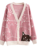 Chouyatou Women's Kawaii Cartoon Cat Cardigan Japanese Aesthetic Button Down Jacquard Knit Sweater Coat