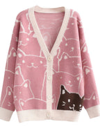 Chouyatou Women's Kawaii Cartoon Cat Cardigan Japanese Aesthetic Button Down Jacquard Knit Sweater Coat