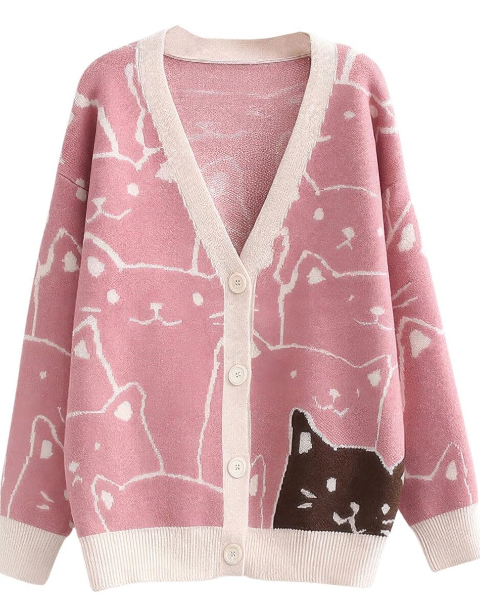 Chouyatou Women's Kawaii Cartoon Cat Cardigan Japanese Aesthetic Button Down Jacquard Knit Sweater Coat