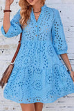 Chouyatou Women's 2025 Eyelet Lace Midi Dress V Neck Puff 3/4 Sleeve Button Tiered Sexy A Line Sun Dress