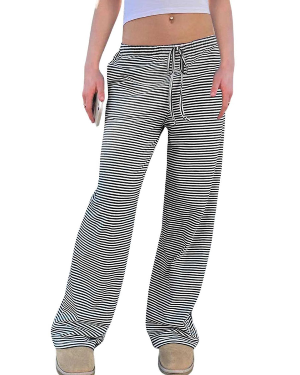 Chouyatou Womens Comfy Pajama Pants Striped Low Waisted Lounge Pants Elastic Waist Drawstring Long Trousers
