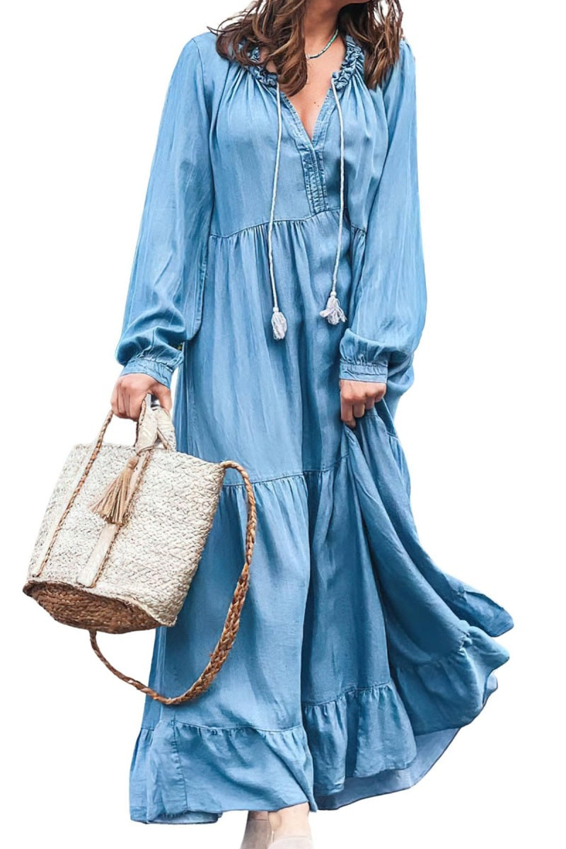 Chouyatou Women's Spring Long Sleeeve Tiered Denim Dress Summer Flowy CHOUYATOU Chouyatou Women's Spring Long Sleeeve Tiered Denim Dress Summer Flowy CHOUYATOU