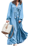 Chouyatou Women's Spring Long Sleeeve Tiered Denim Dress Summer Flowy A-Line Maxi Long Tunic Dress