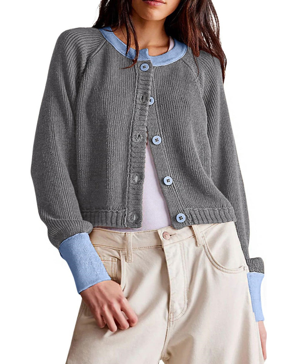 Chouyatou Women Knitted Button Down Cropped Cardigan Jacket Sweater Y2k Fall Knit Color Block Sweater Crewneck Crop Short Coat