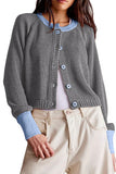 Chouyatou Women Knitted Button Down Cropped Cardigan Jacket Sweater Y2k Fall Knit Color Block Sweater Crewneck Crop Short Coat