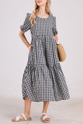Chouyatou Women's Retro Lantern Puff Sleeve Plaid Dress Gingham Swing Tiered Midi Long Dress
