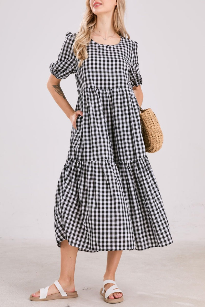 Chouyatou Women's Retro Lantern Puff Sleeve Plaid Dress Gingham Swing Tiered Midi Long Dress