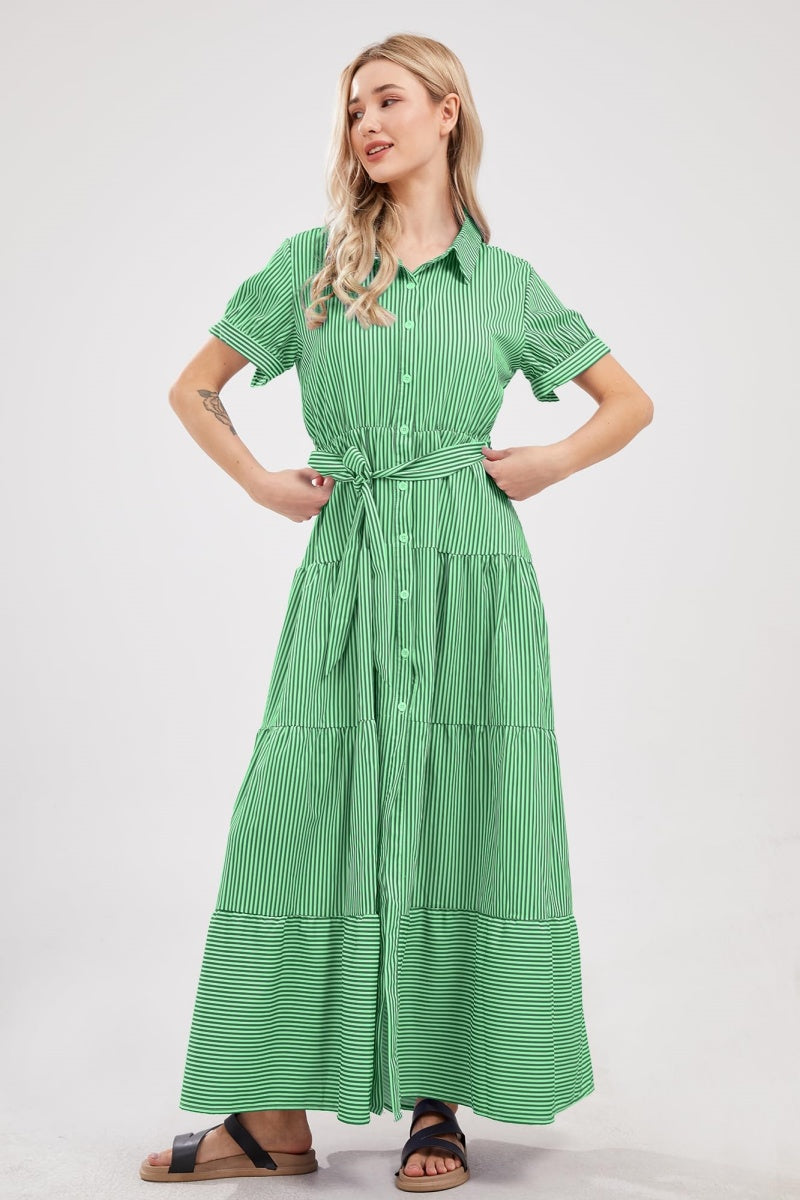 Chouyatou Womens Casual Short Sleeve Button Down Tie Waist Ruffled Striped Maxi Shirt Dress