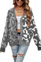 Chouyatou Women's Color Block Leopard Print Button Down Long Sleeve Cardigan Sweaters