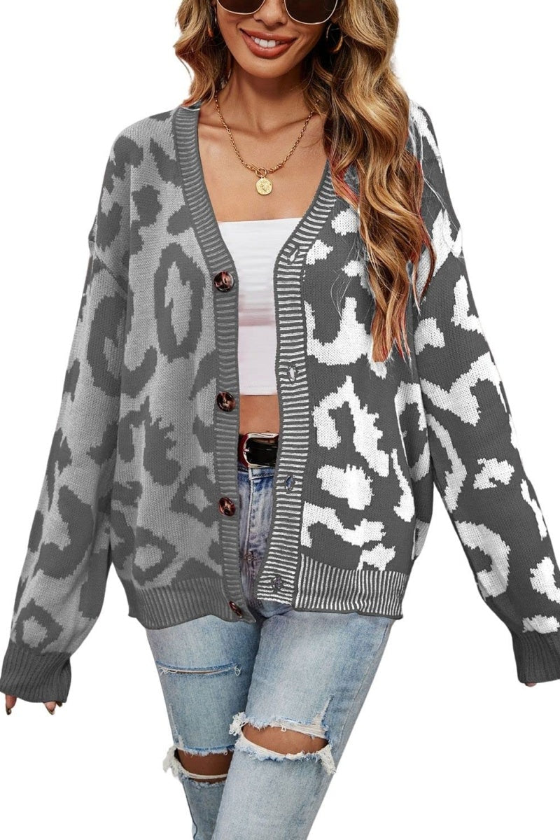 Chouyatou Women's Color Block Leopard Print Button Down Long Sleeve Cardigan Sweaters