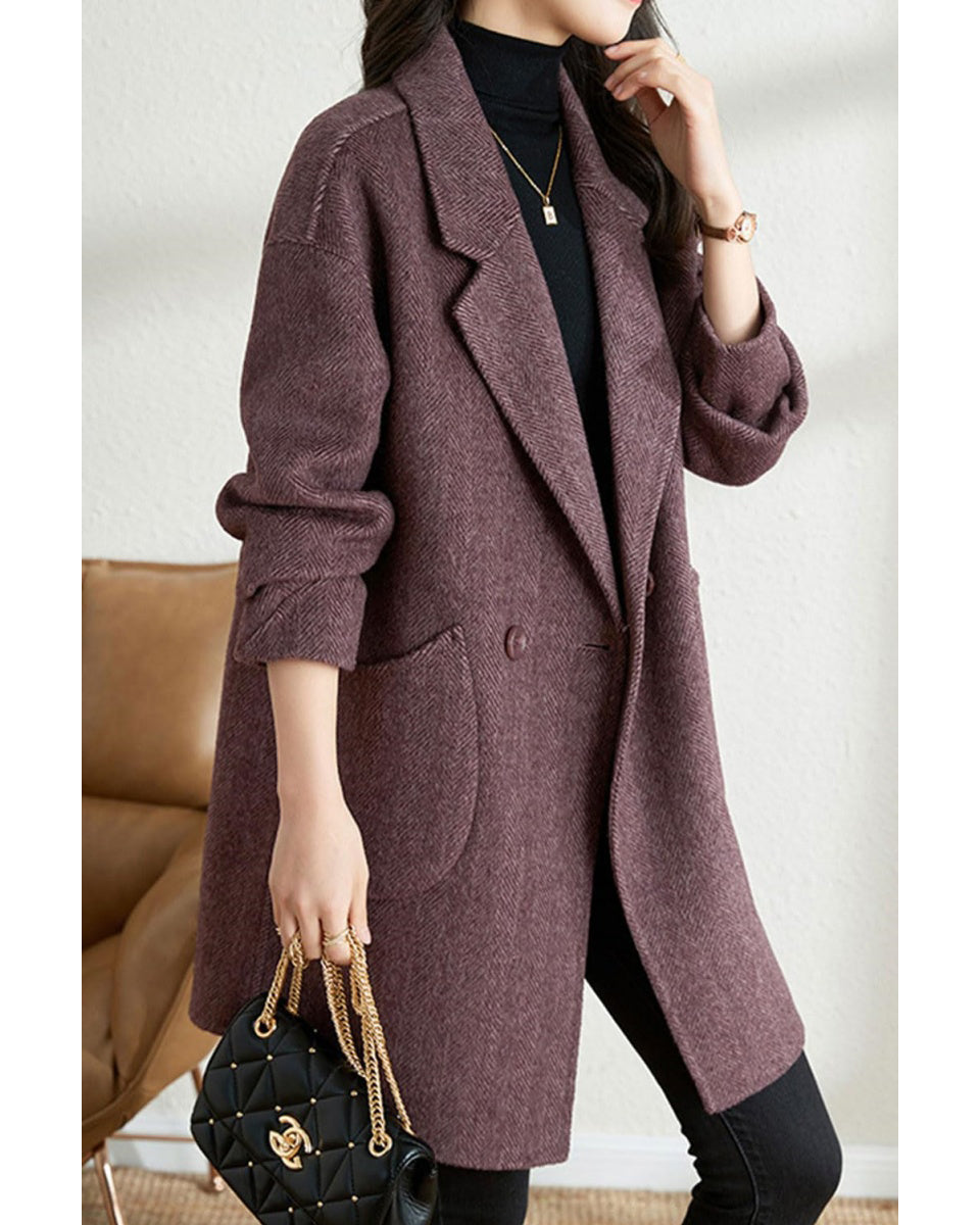 Chouyatou Women's Notch Lapel Herringbone Wool Coat Formal Office Work Double Breasted Winter Pea Coat